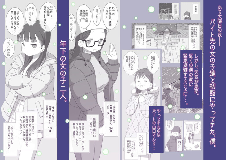 ある大雪の冷たい夜僕の家の布団の中でバイト先の女の子達が内緒で密着あたためえっちしてくれた。 1枚目
